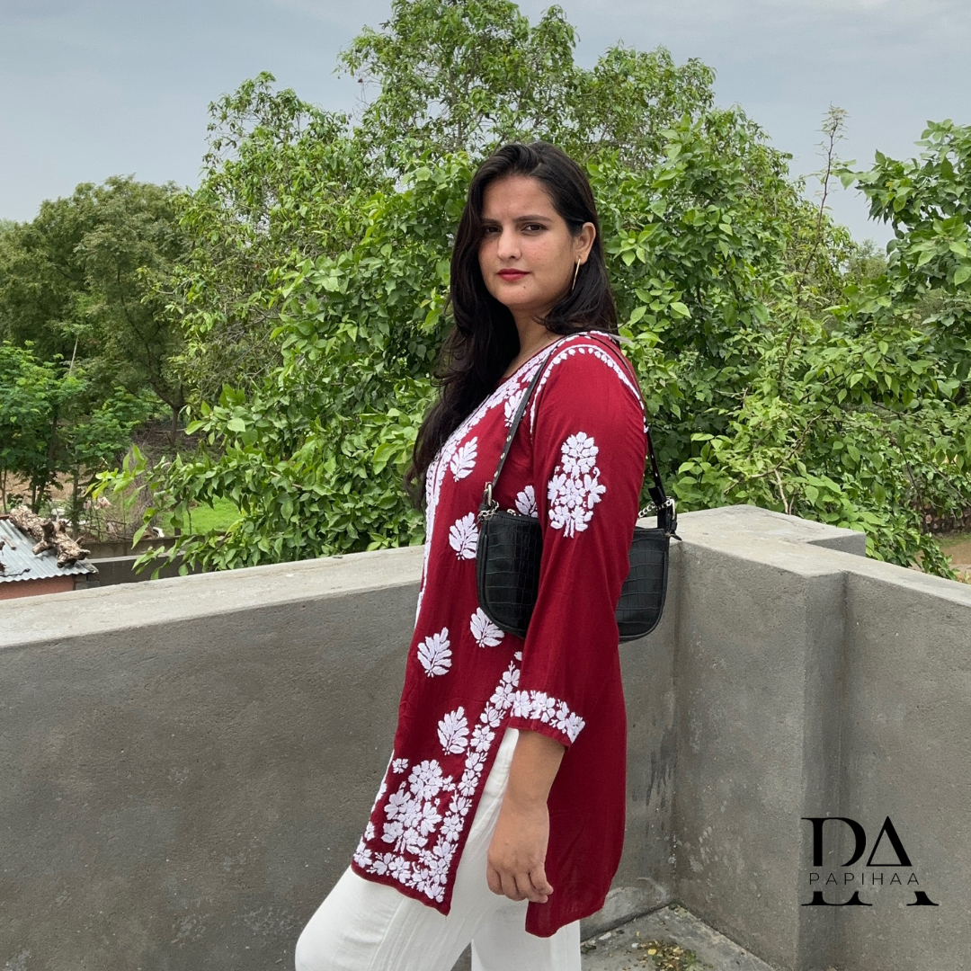 Suramya Maroon Modal 3D short Chikankari kurti