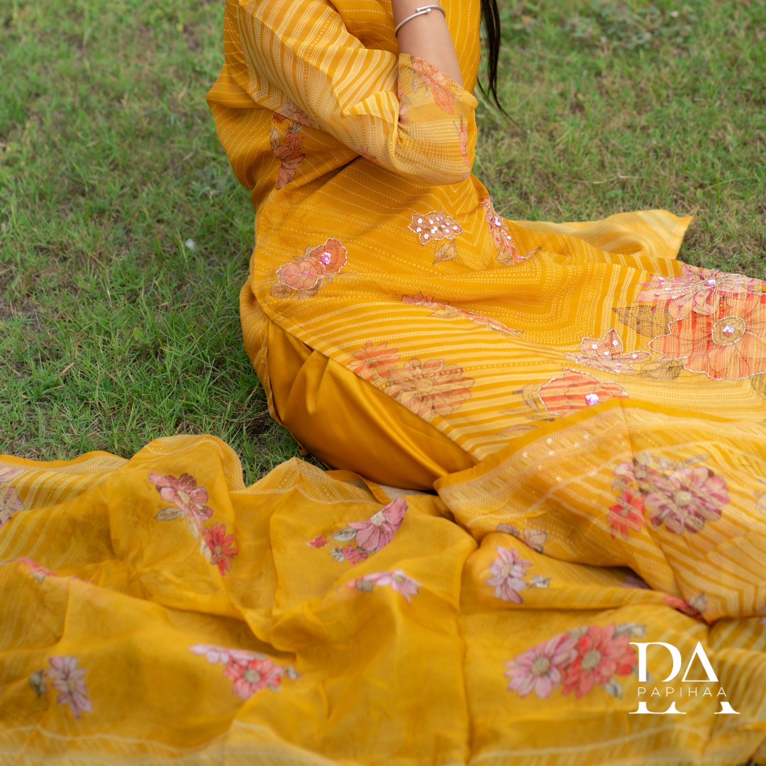 Mustard Yellow Soft Organza Straight Stitched Suit