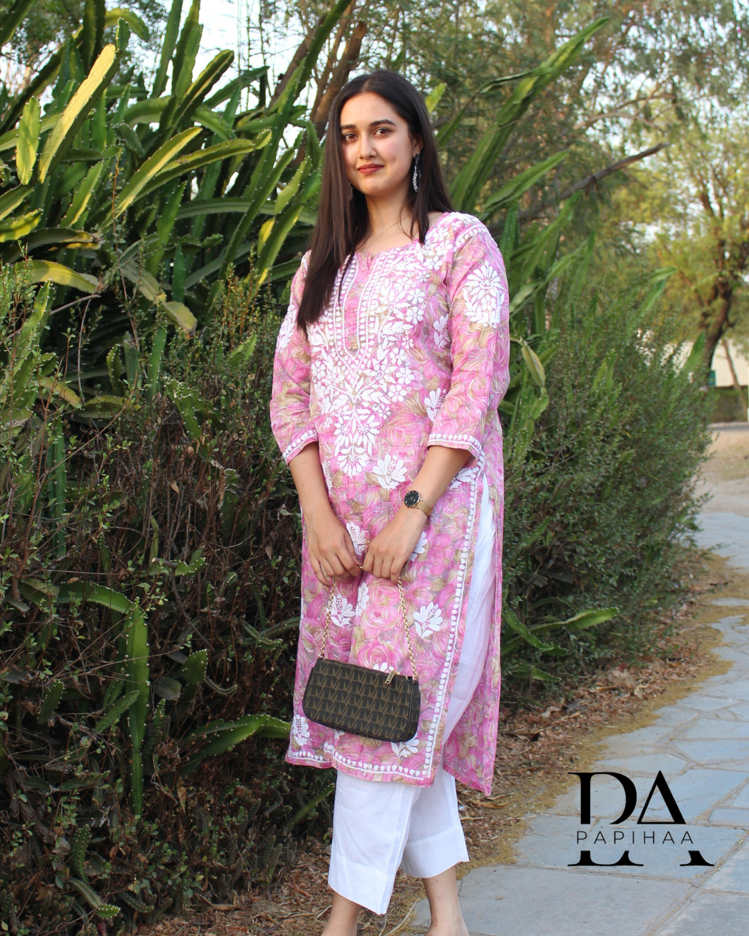 Neeraja Pink floral carnation printed 3d Chikankari Kurti