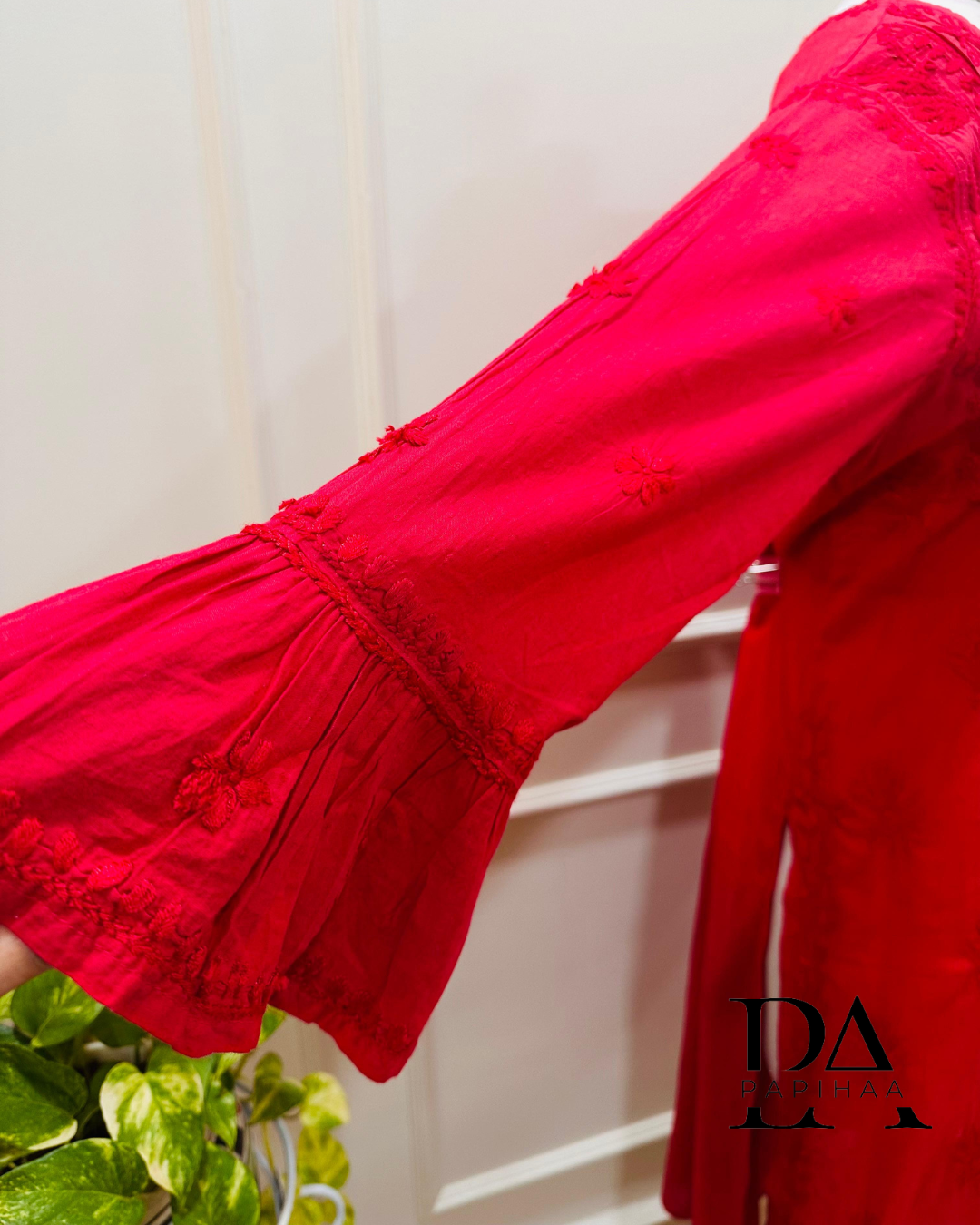 Aryaa Cotton Tone on Tone Tomato Red Angarakha Chikankari Kurti