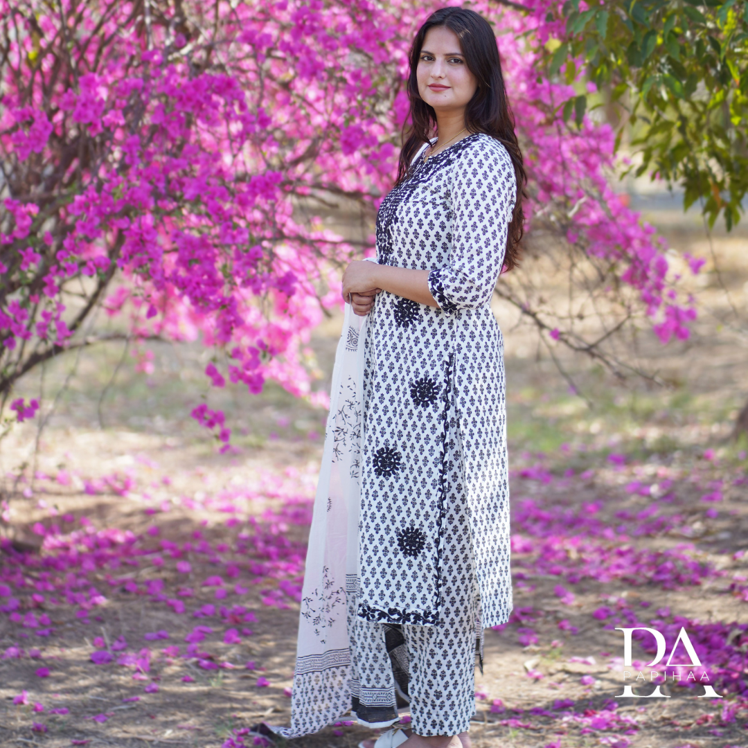 Black & White Block Printed Kurta Set