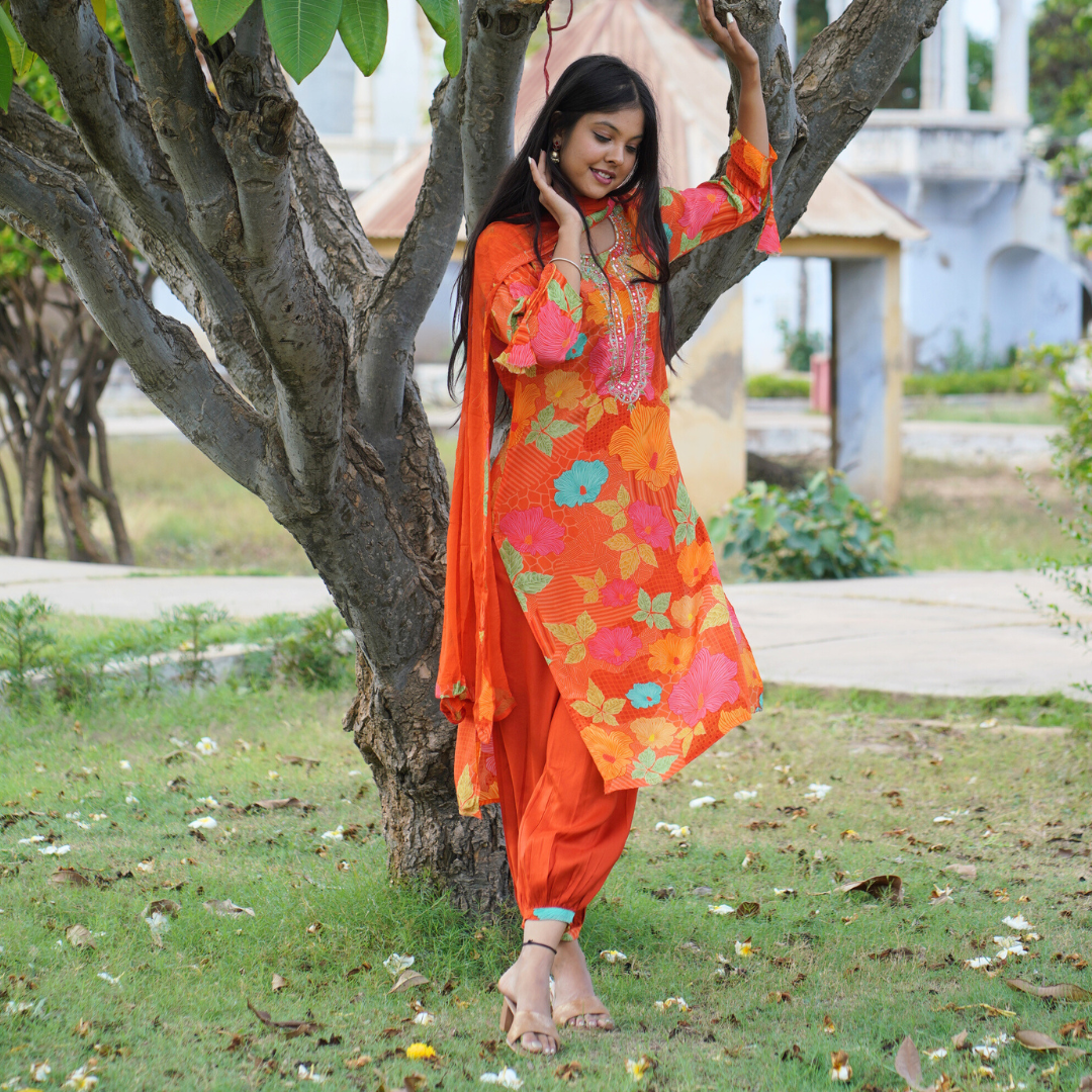 Orange Colored Crepe Tie Sleeve Stitched Suit