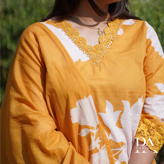 Floral V-Neck Mustard Yellow Colored Cotton Set