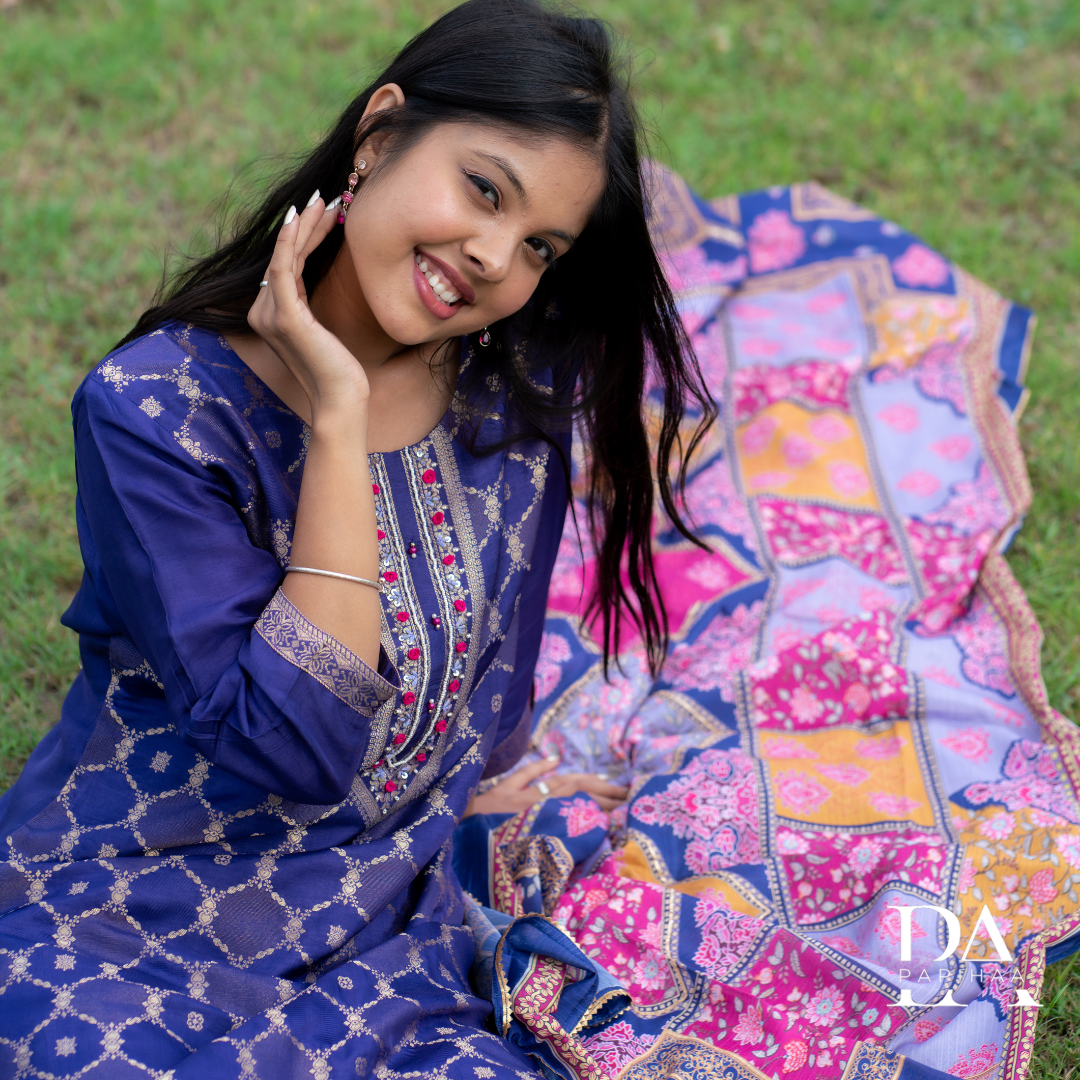 Purple Banarasi Straight Stitched Suit