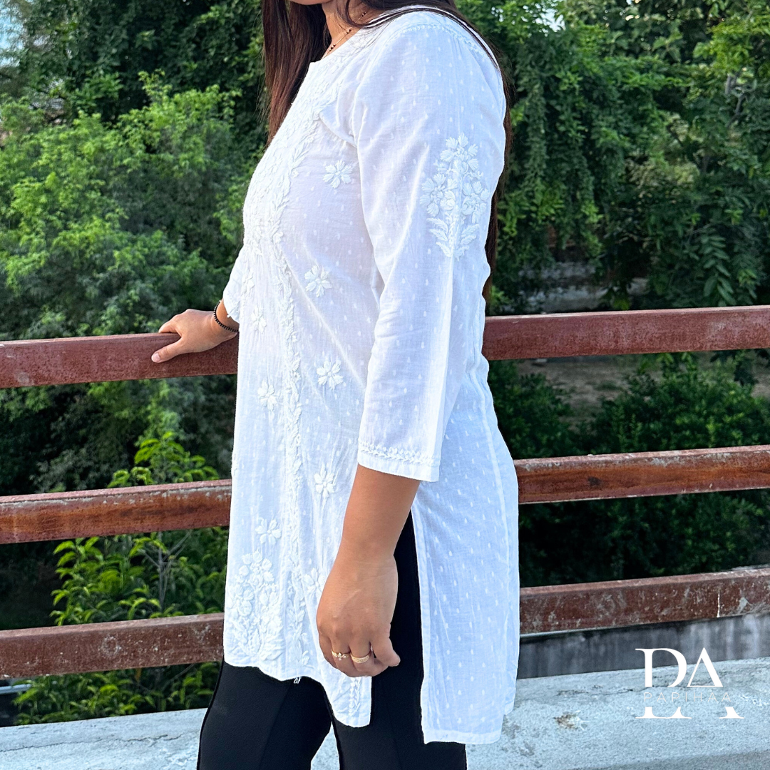 White Dobby Weave Short Chikankari Kurti