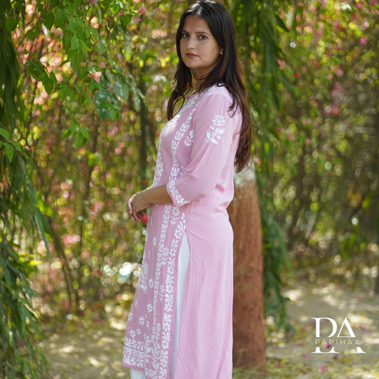 BubbleGum Pink Modal 3D Chikankari Rose Panel Kurti