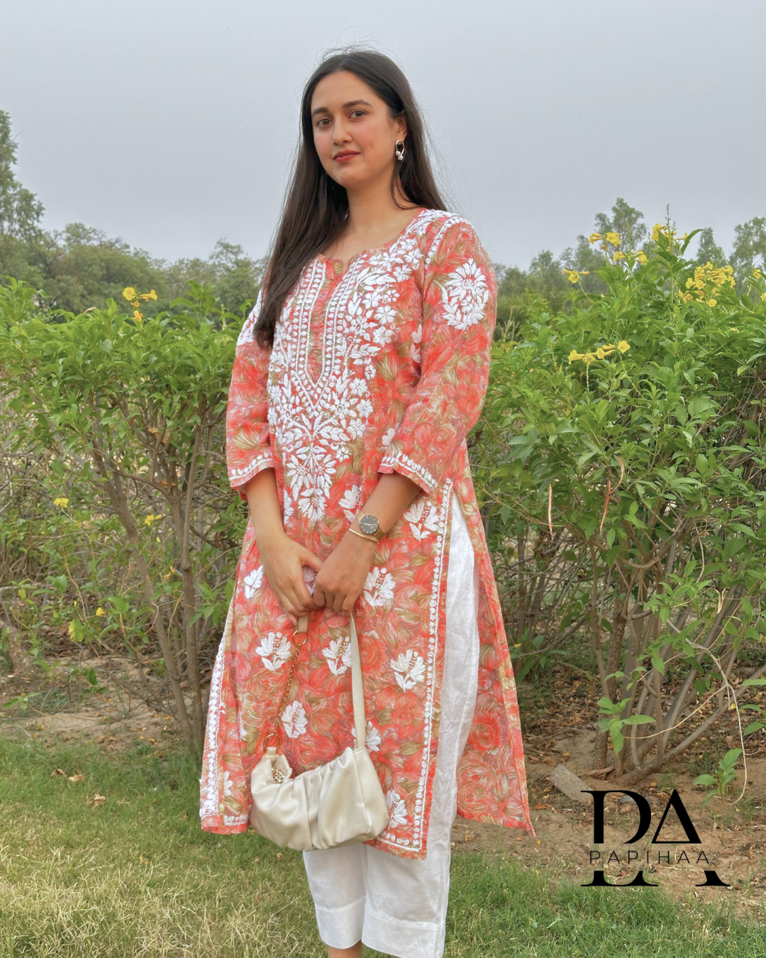 Neeraja Orange  floral carnation printed 3d Chikankari Kurti