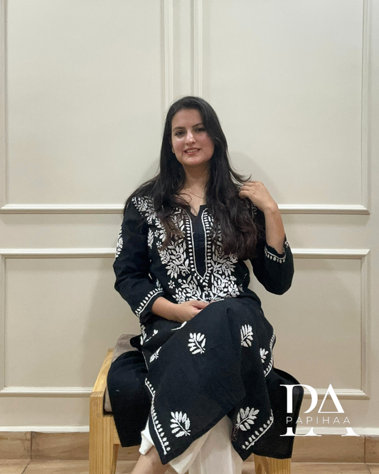 Eshani Black Cotton 3d Chikankari Kurti