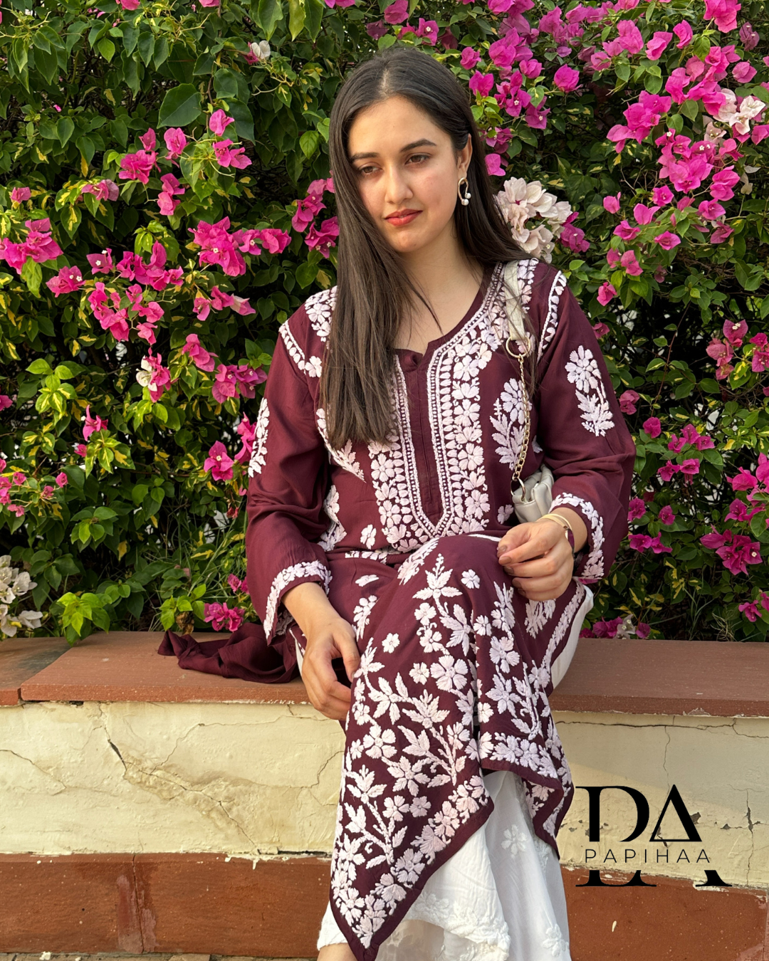 Seerat Buttery Soft Modal Wine 3d Chikankari Kurti