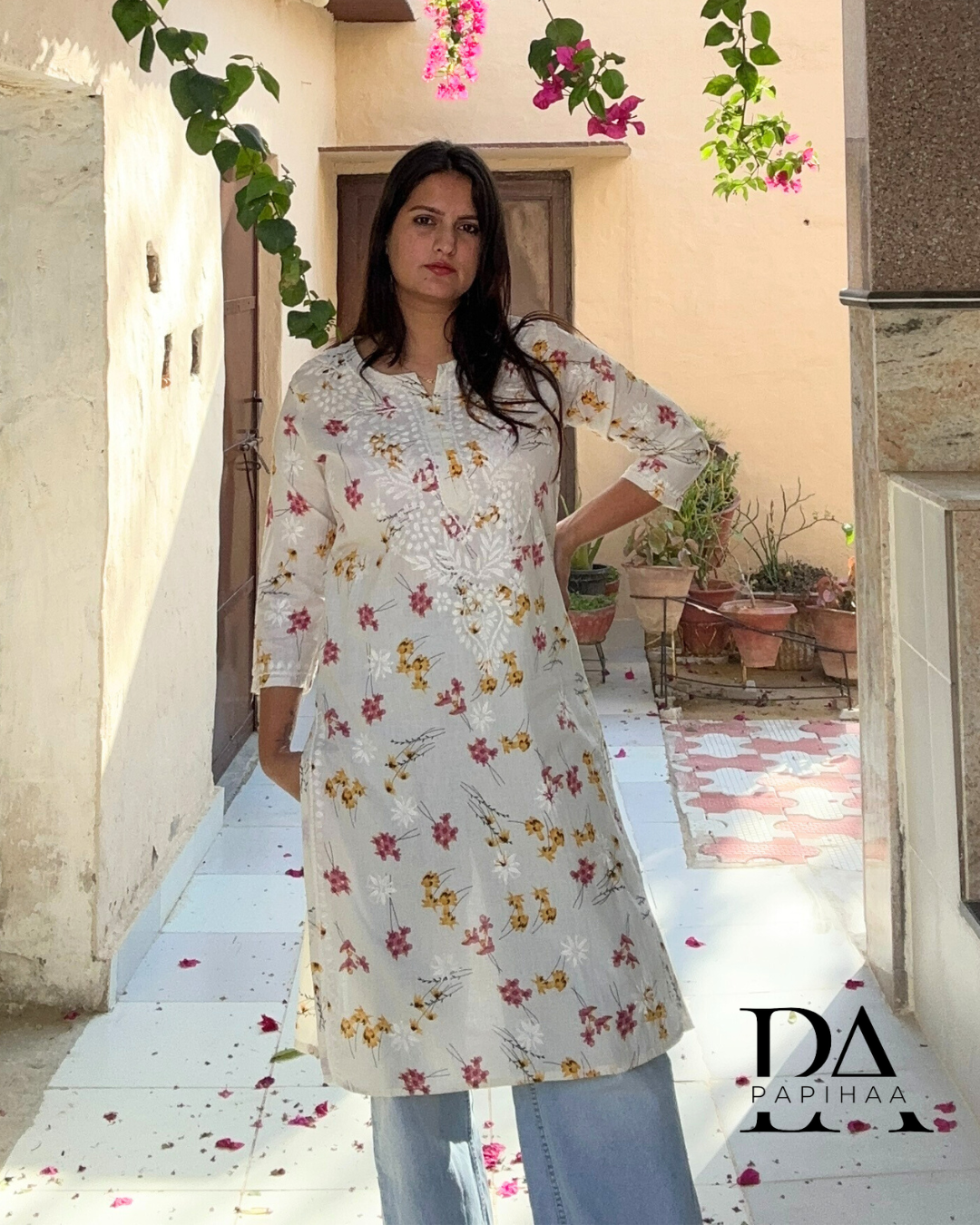 Bougainvillea Off-white Premium Mulmul Printed Chikankari Kurti