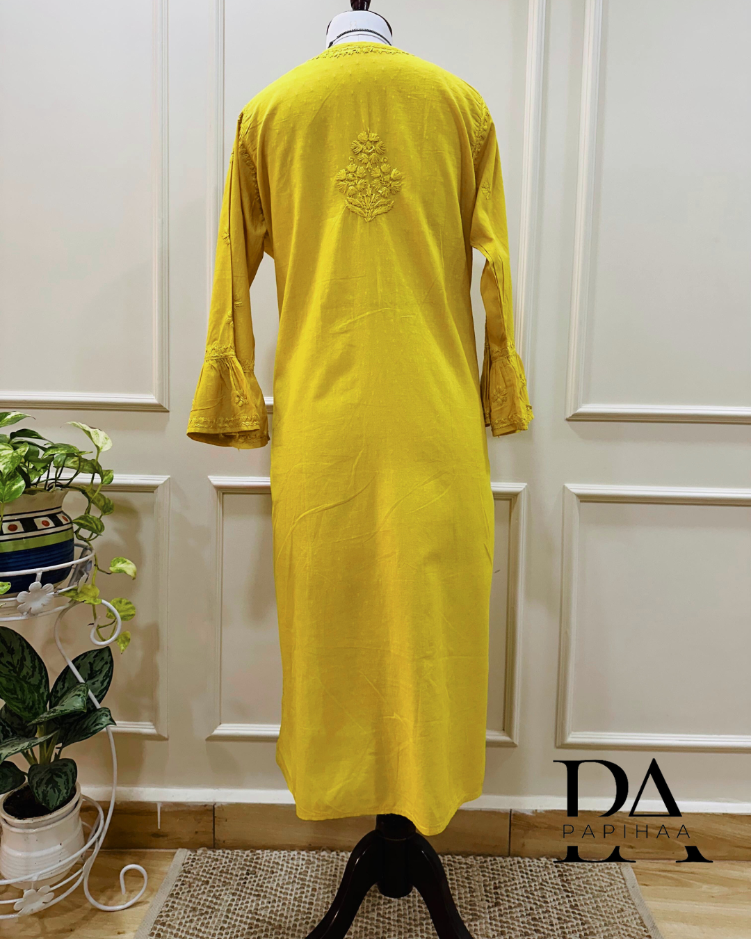 Aryaa Cotton Tone on Tone Olive Yellow Angarakha Chikankari Kurti