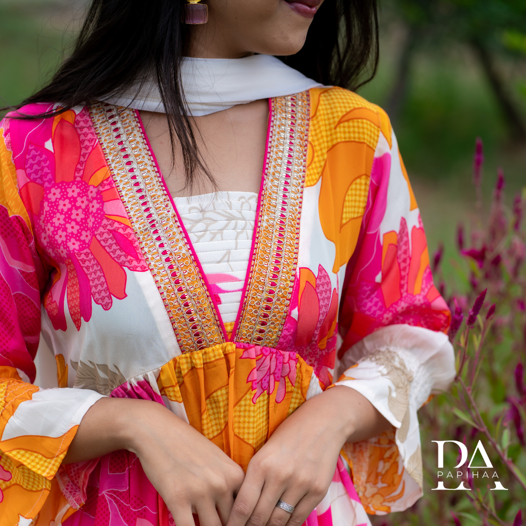 Pink Floral Crepe Printed Anarkali Stitched Suit