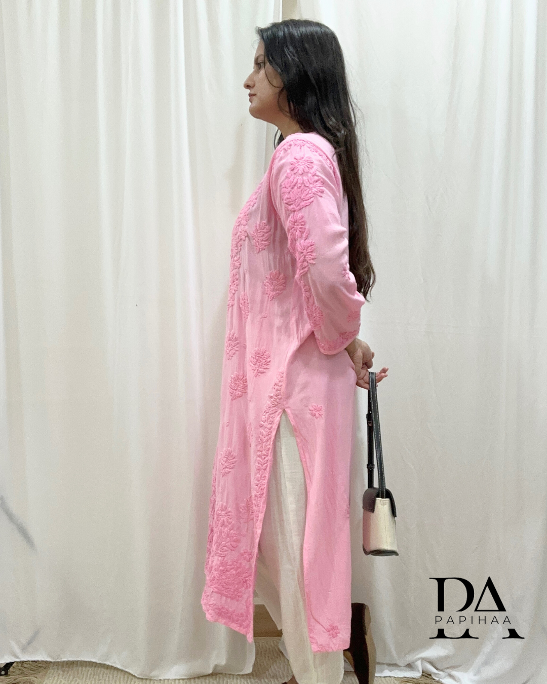 Naaz Tone one Tone Cotton Candy Pink 3d Chikankari Kurti