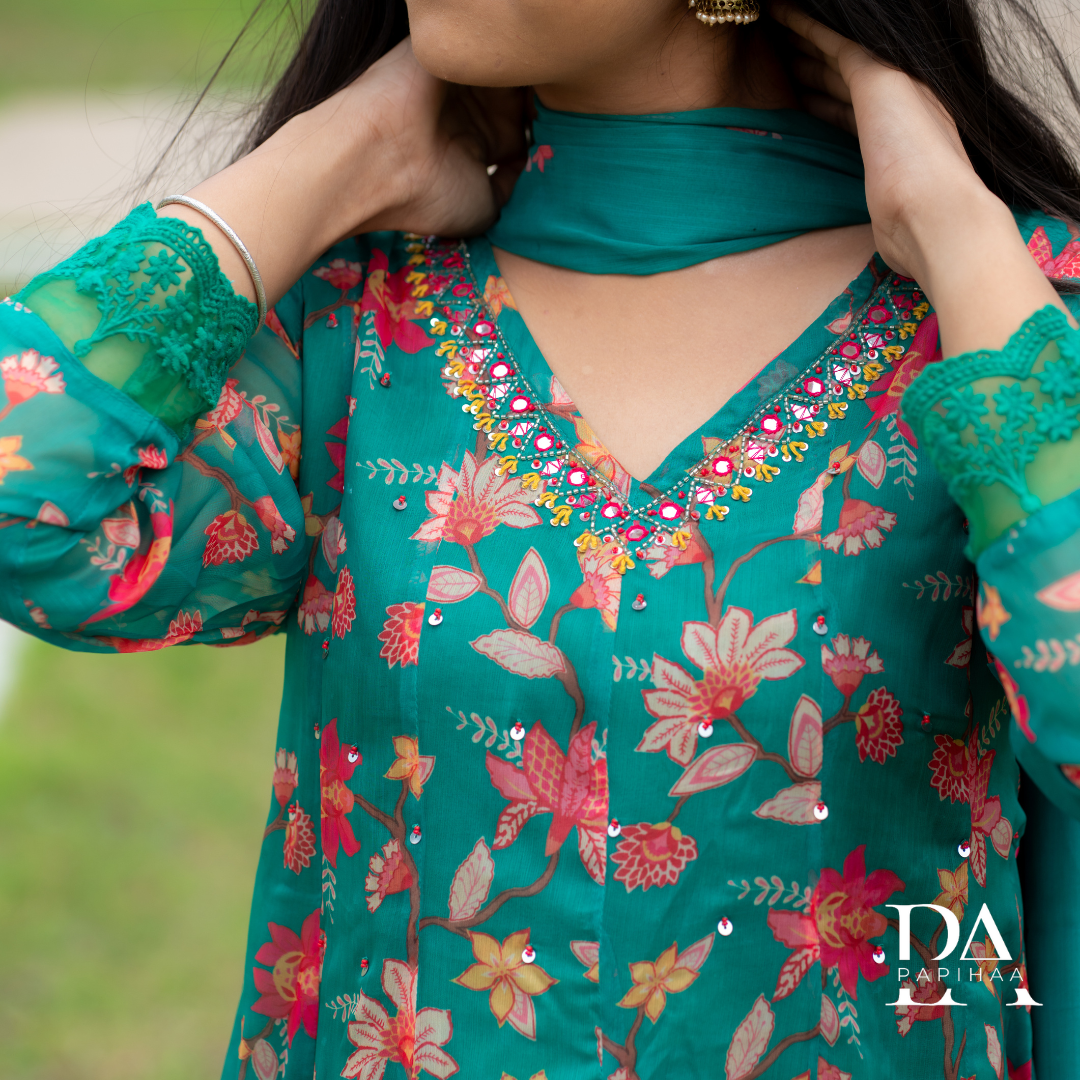 Shadmani Green Chiffon Floral Anarkali Suit