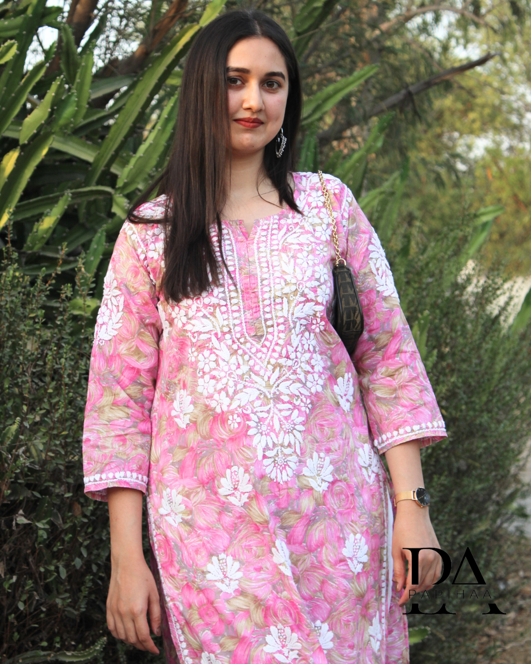 Neeraja Pink floral carnation printed 3d Chikankari Kurti