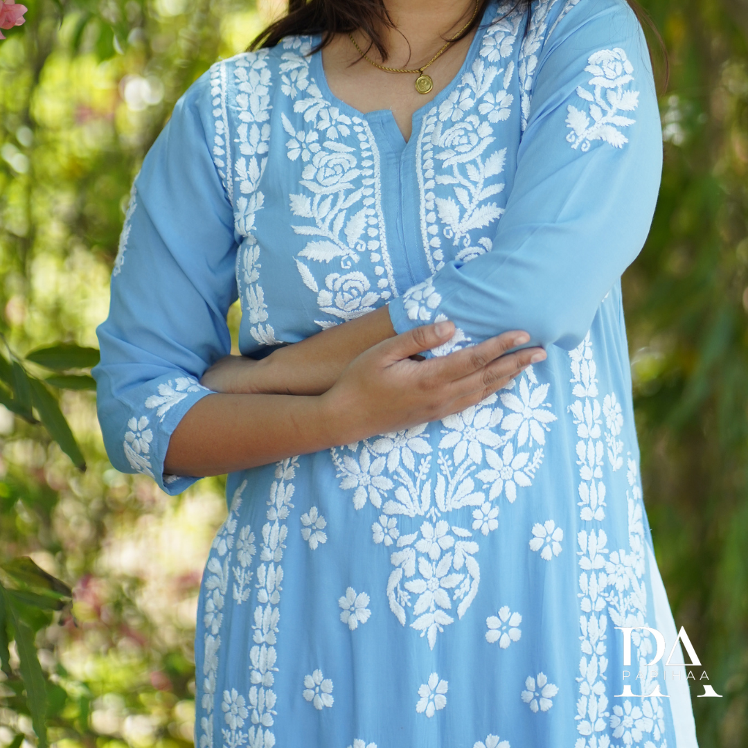 Powder Blue Modal 3D Chikankari Rose Panel Kurti