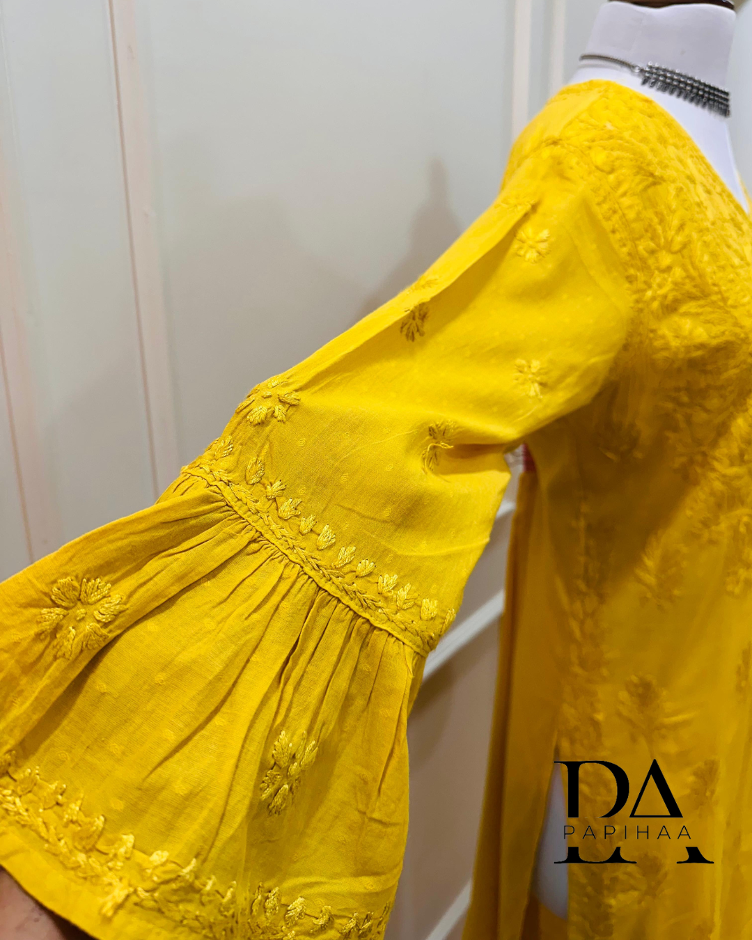 Aryaa Cotton Tone on Tone Citrine Yellow Angarakha Chikankari Kurti