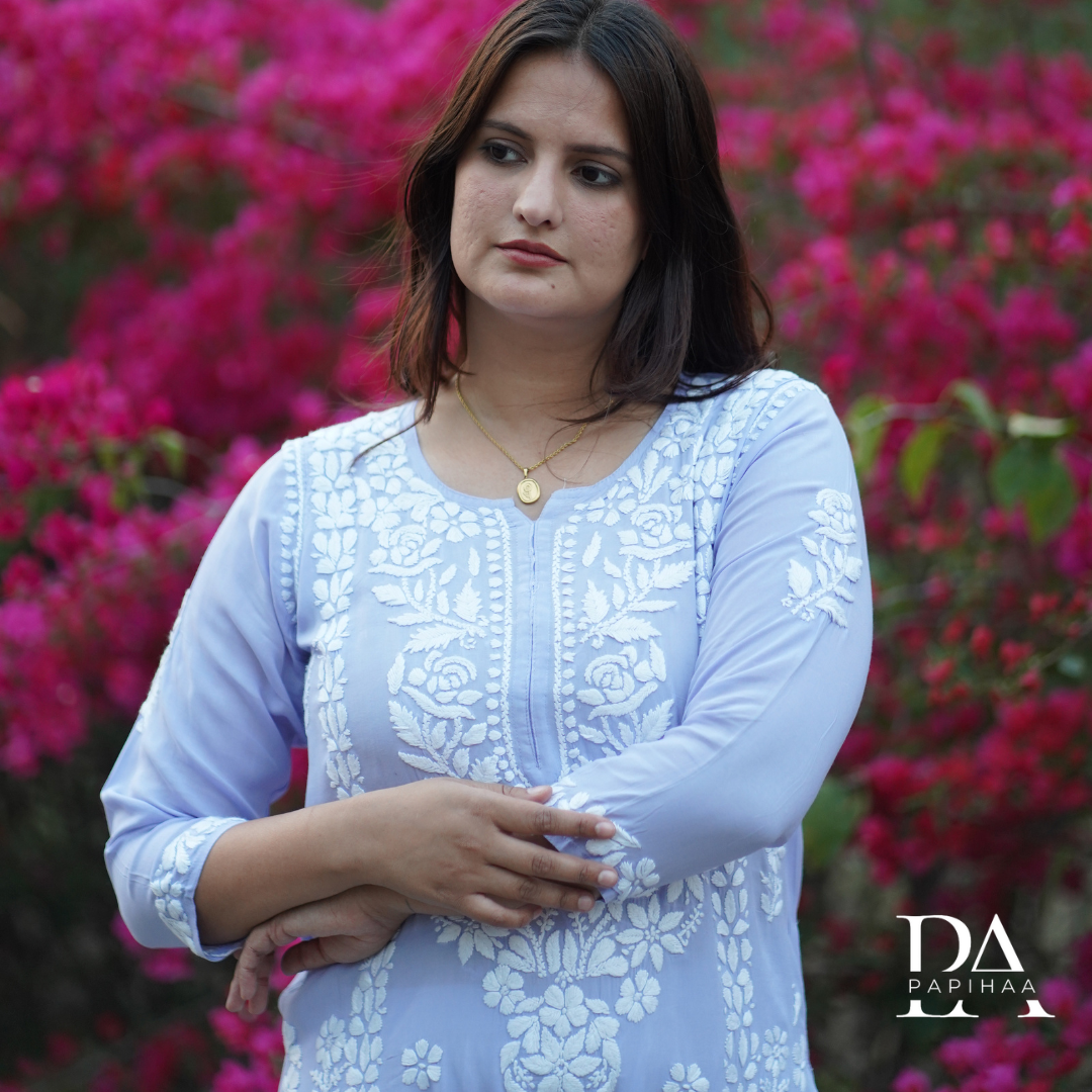 Lavender Modal 3D Chikankari Rose Panel Kurti