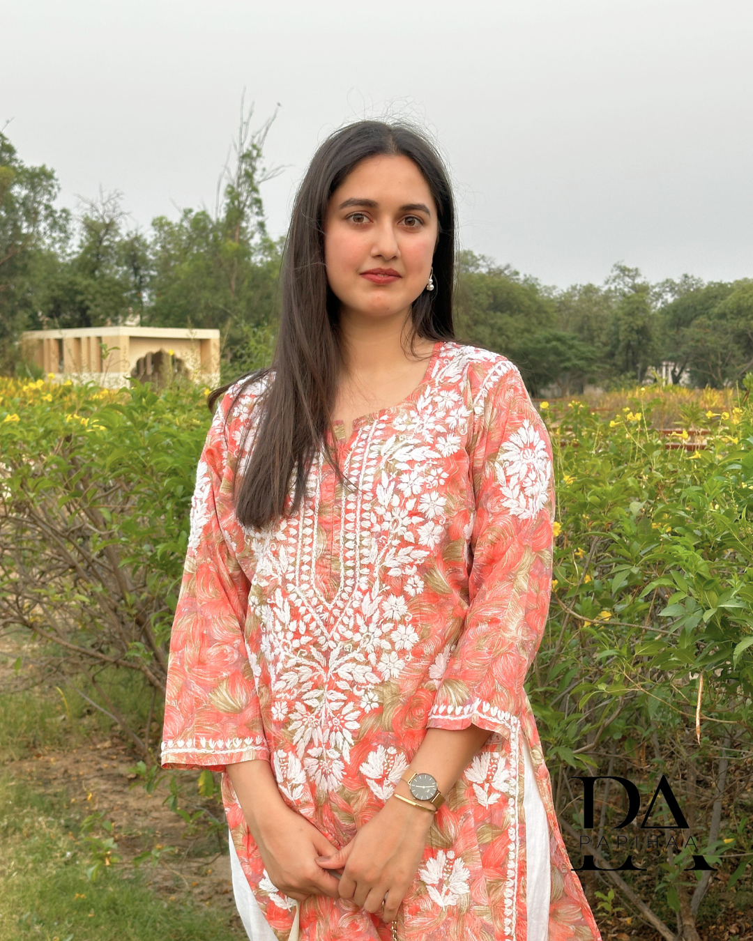 Neeraja Orange  floral carnation printed 3d Chikankari Kurti