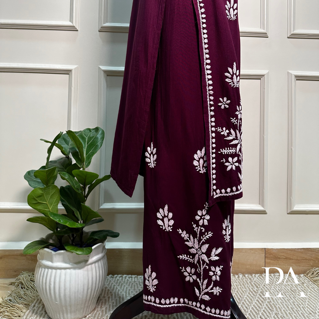 Ruvya Wine Rayon Chikankari Palazzo 2 Piece Set