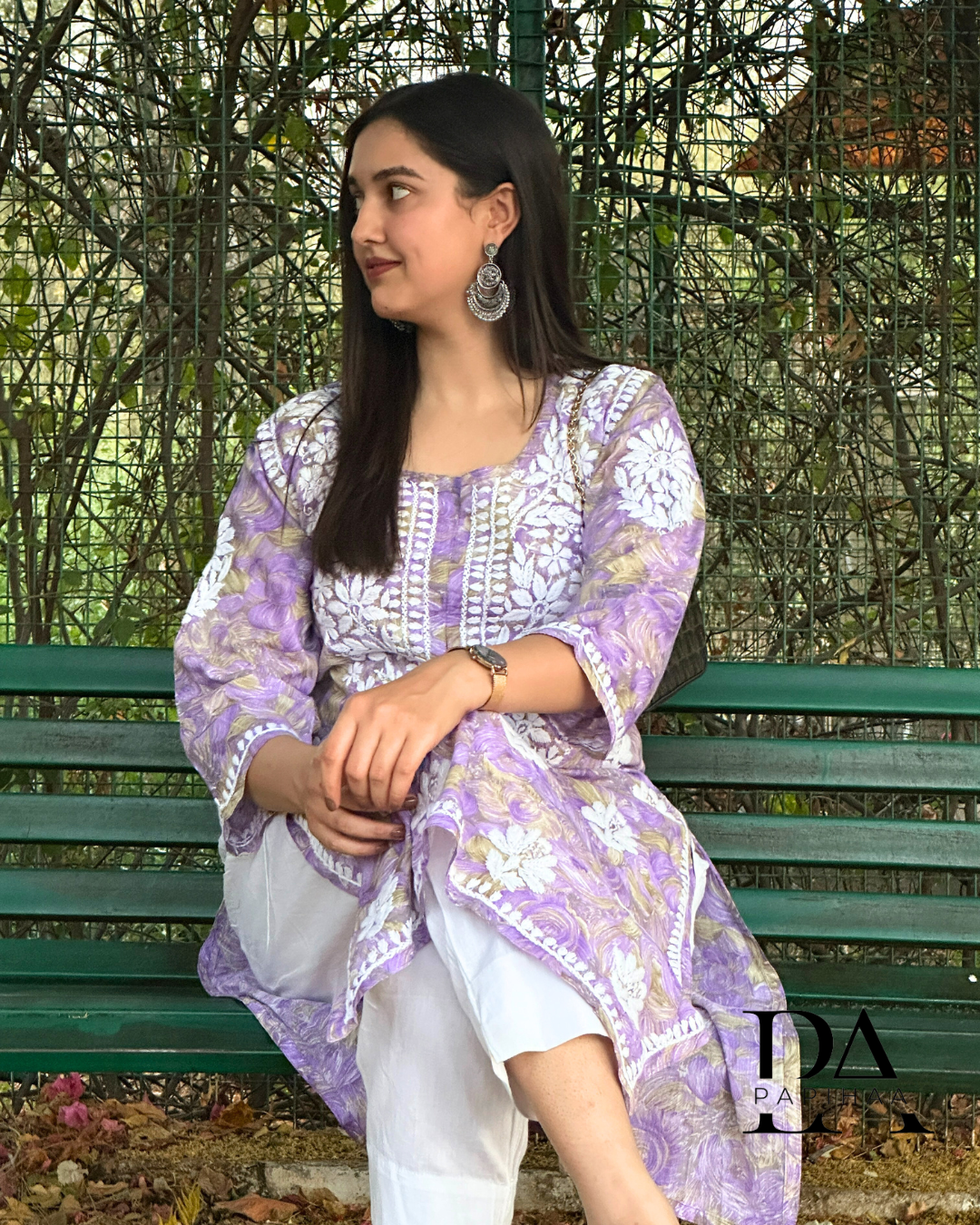 Neeraja Lavender floral carnation printed 3d Chikankari Kurti