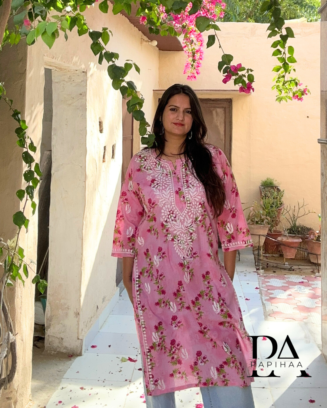 Bougainvillea Pink Premium Mulmul Printed Chikankari Kurti