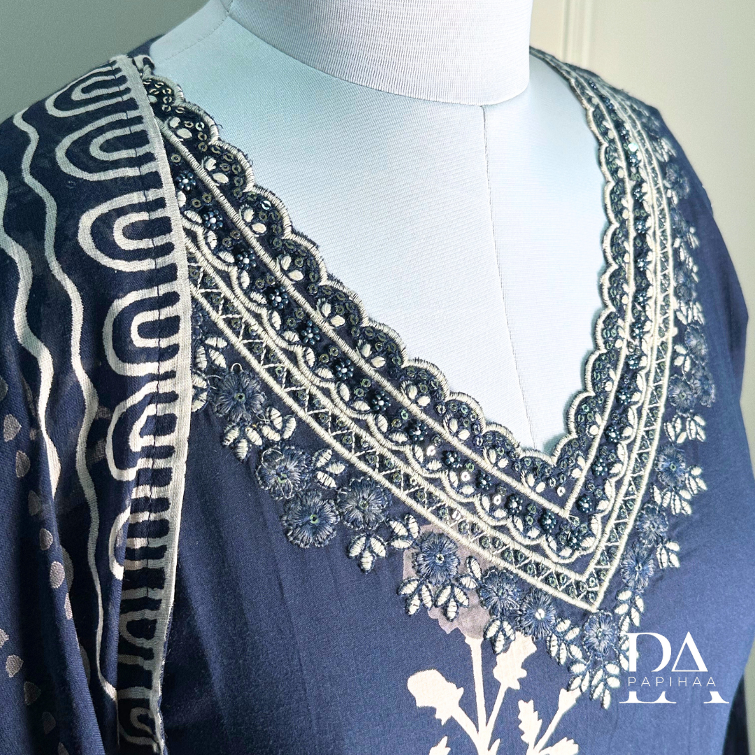 Indigo Cotton V-neck Afgani Style Set