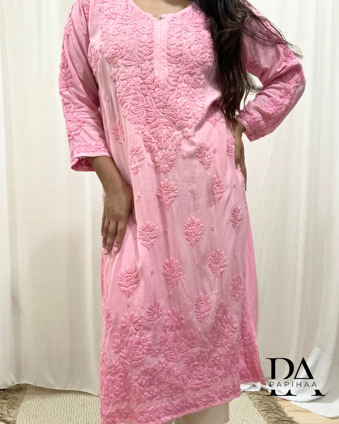 Naaz Tone one Tone Cotton Candy Pink 3d Chikankari Kurti