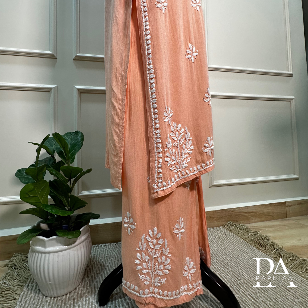 Ruvya Peach Rayon Chikankari Palazzo 2 Piece Set