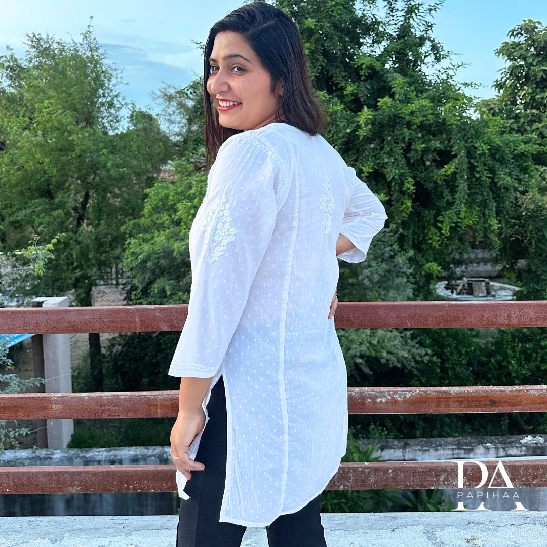 White Dobby Weave Short Chikankari Kurti