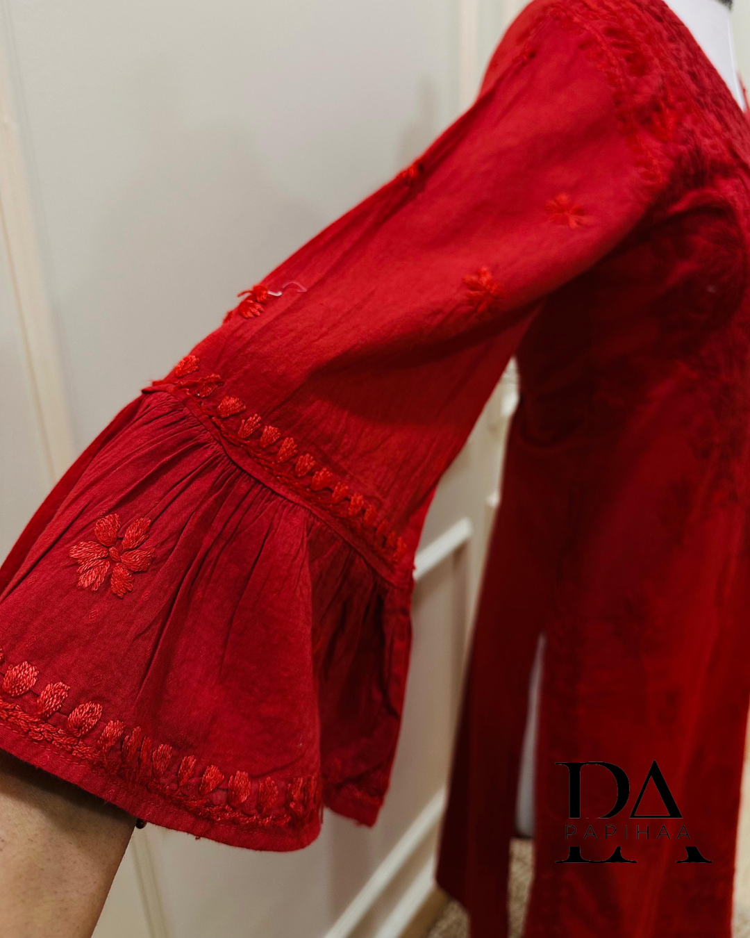 Aryaa Cotton Tone on Tone Deep Red Angarakha Chikankari Kurti