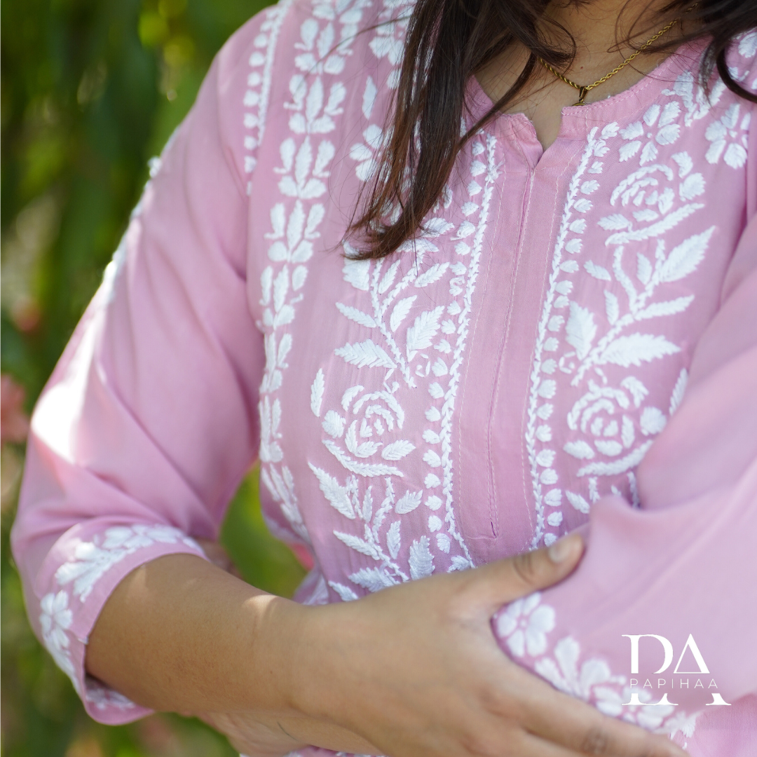BubbleGum Pink Modal 3D Chikankari Rose Panel Kurti