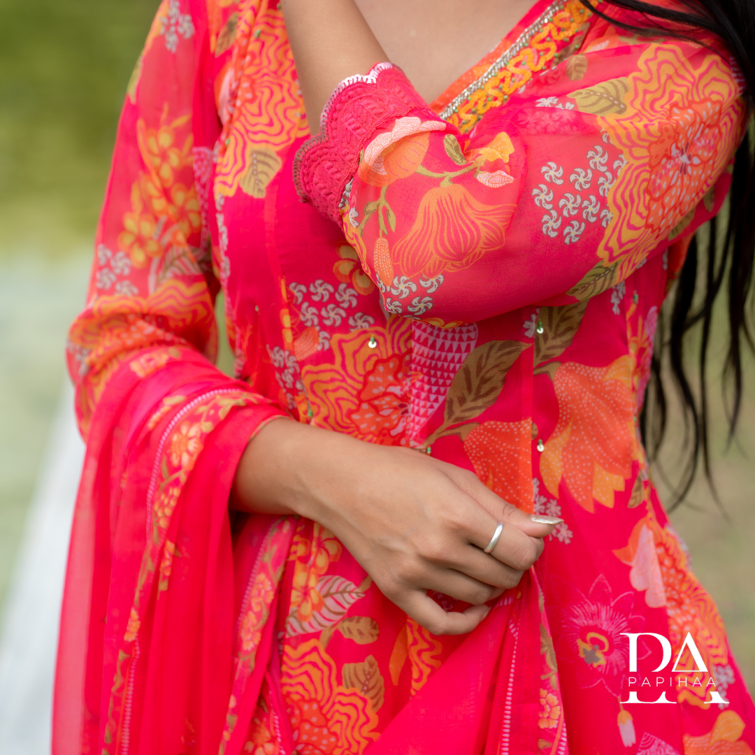 Coral Pink Chiffon Floral Anarkali Suit
