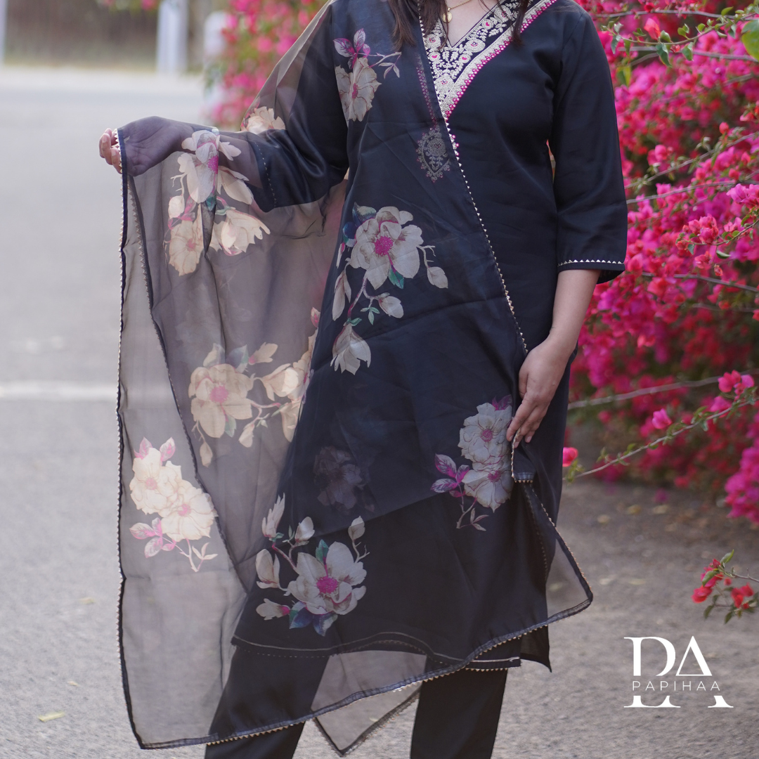 Floral V-Neck Black Muslin Kurta Set