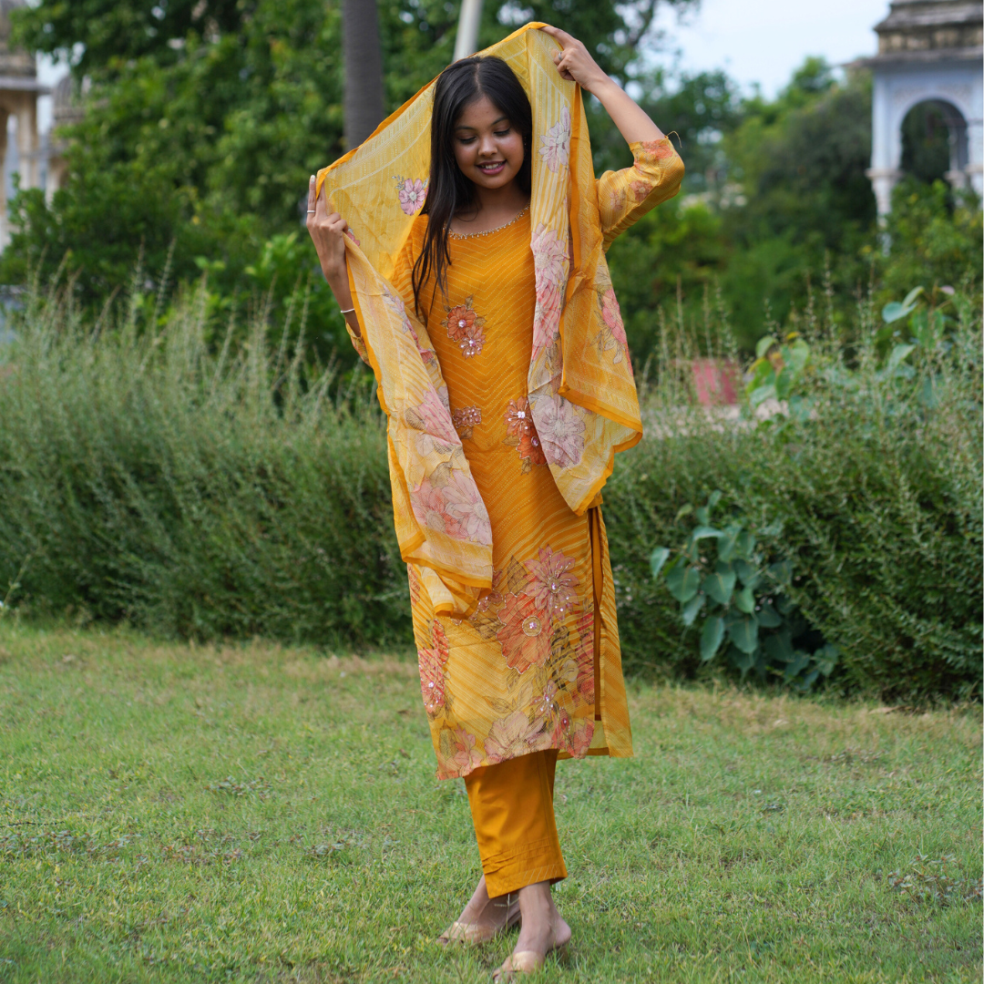 Mustard Yellow Soft Organza Straight Stitched Suit