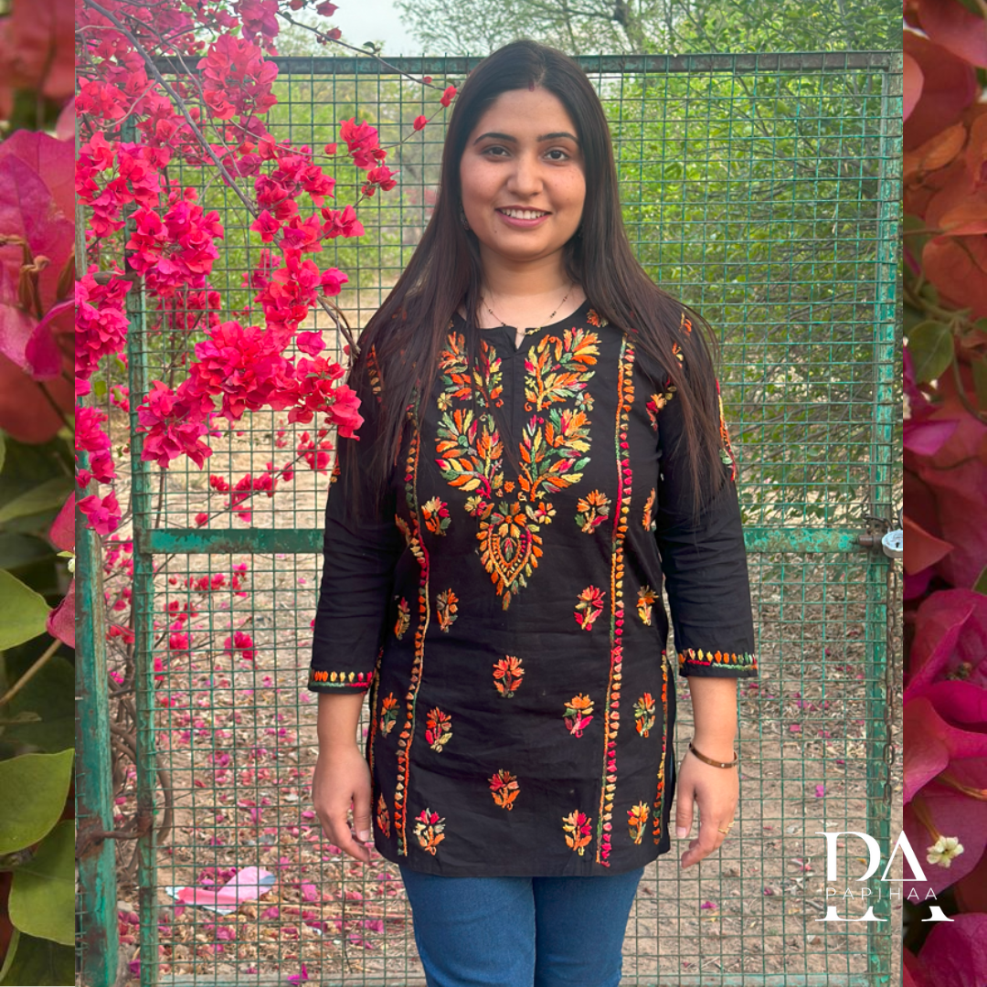 Black Short Kurti with multicolour chikankari