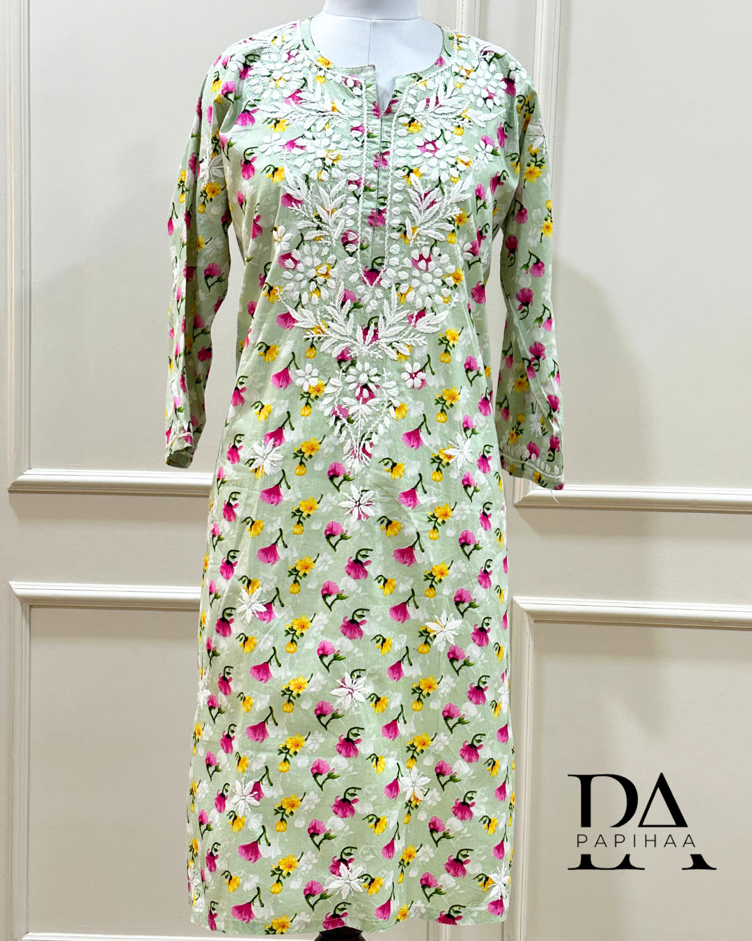 Bougainvillea Pastel Green Premium Mulmul Printed Chikankari Kurti