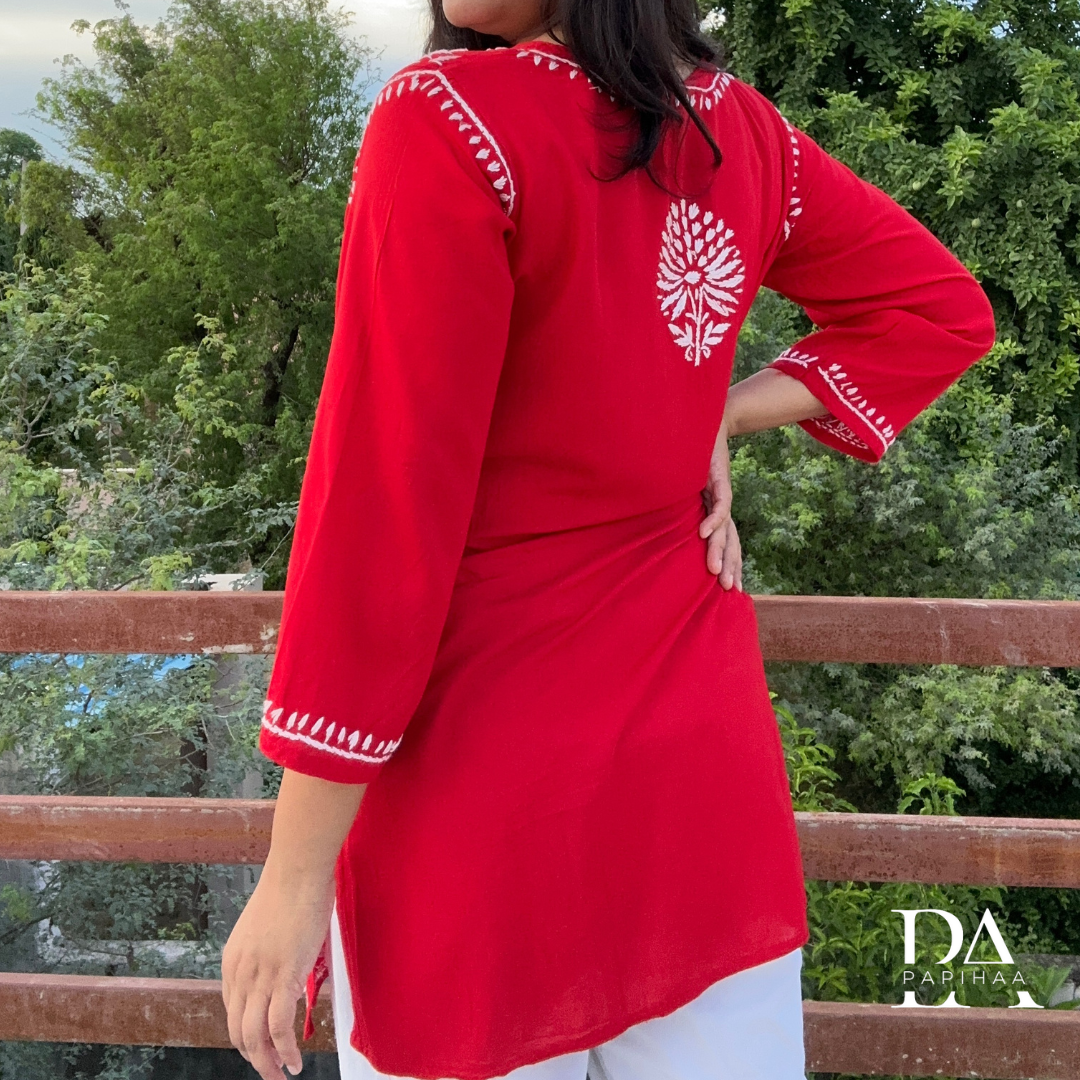 Suramya Soft Rayon Red Short Chikankari Kurti