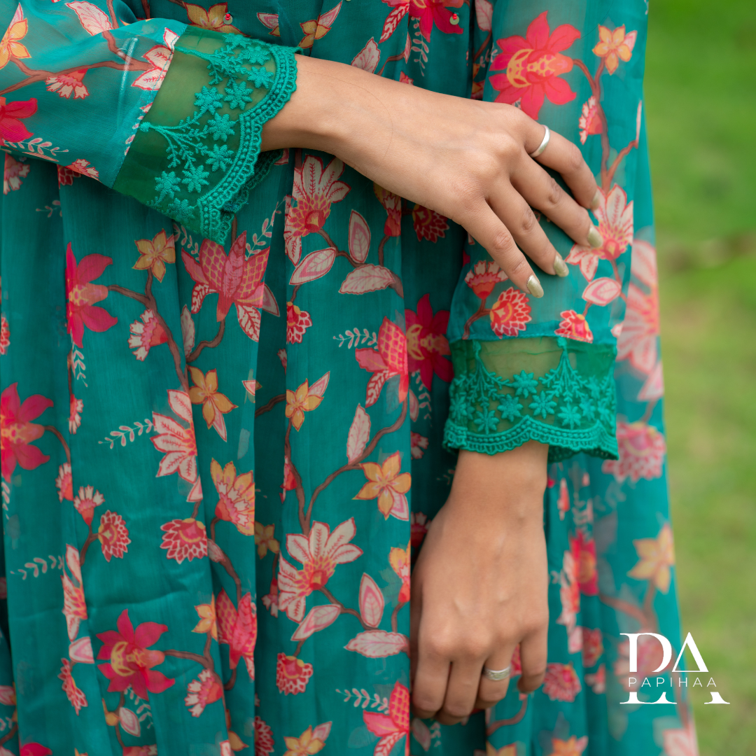 Shadmani Green Chiffon Floral Anarkali Suit