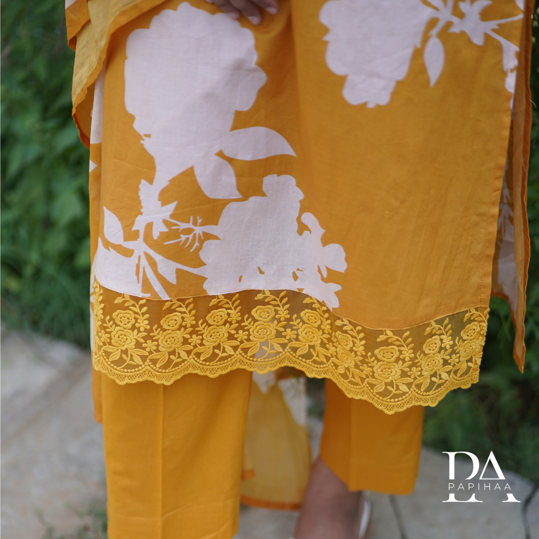 Floral V-Neck Mustard Yellow Colored Cotton Set