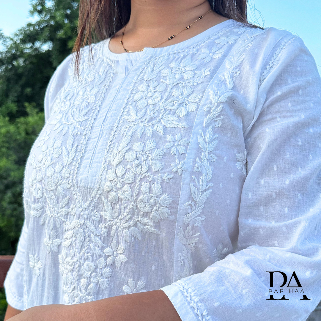 White Dobby Weave Short Chikankari Kurti