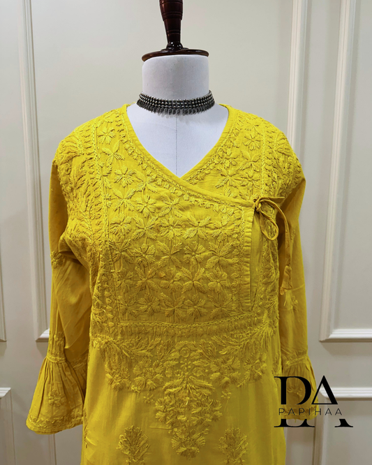 Aryaa Cotton Tone on Tone Olive Yellow Angarakha Chikankari Kurti