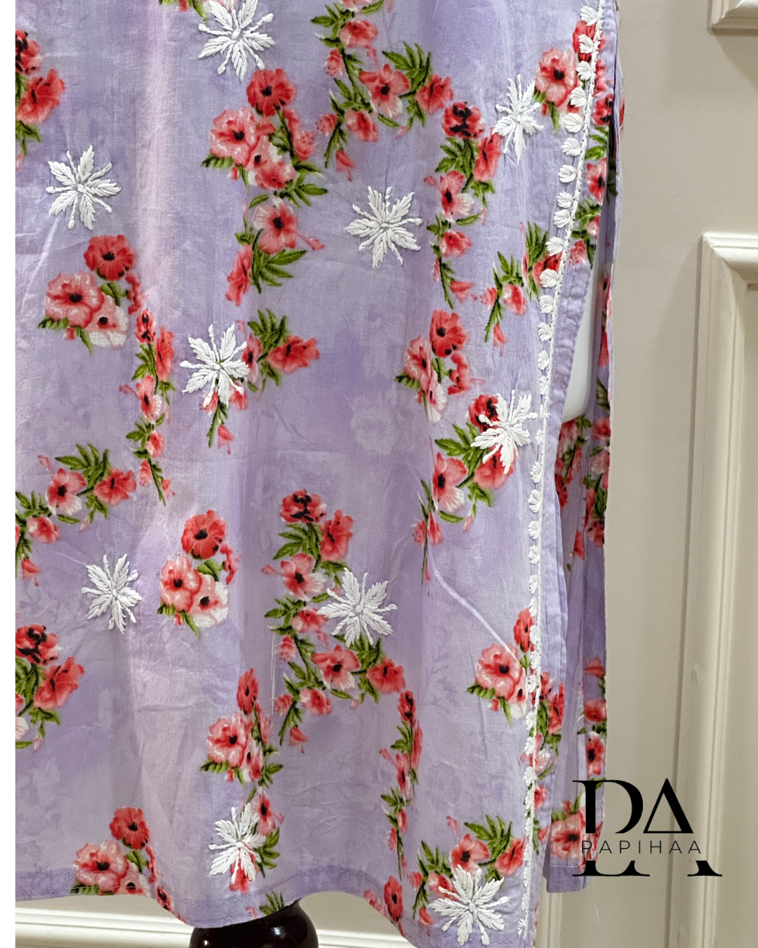 Bougainvillea Lavender Premium Mulmul Printed Chikankari Kurti