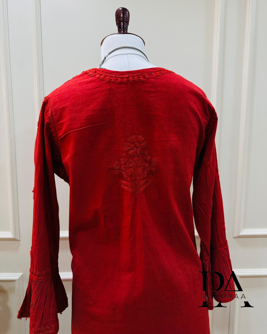 Aryaa Cotton Tone on Tone Deep Red Angarakha Chikankari Kurti