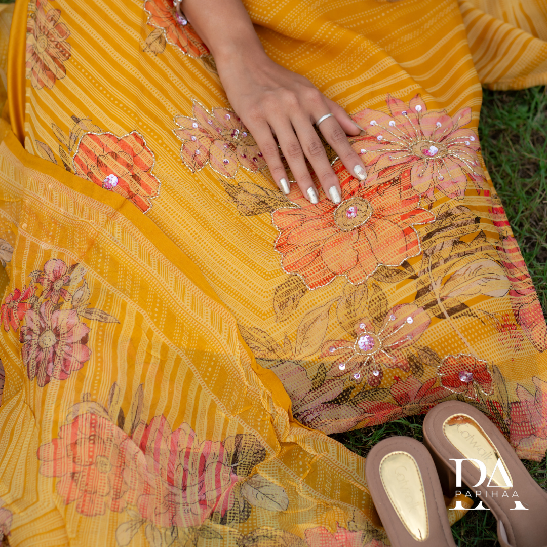 Mustard Yellow Soft Organza Straight Stitched Suit