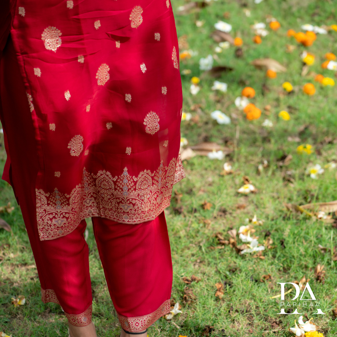 Red Soft Organza Straight Stitched Suit