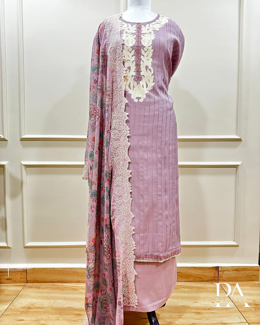 Soft roman silk semi stitched set with applique and pintucks