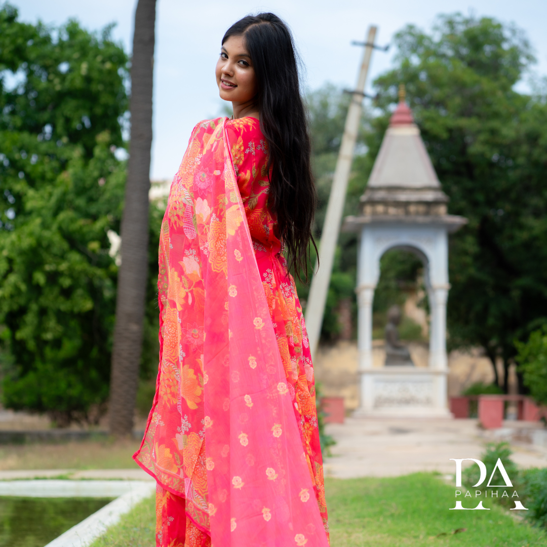 Coral Pink Chiffon Floral Anarkali Suit