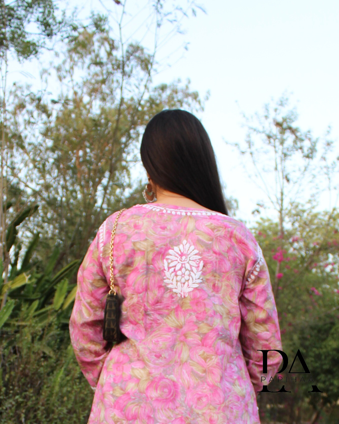 Neeraja Pink floral carnation printed 3d Chikankari Kurti