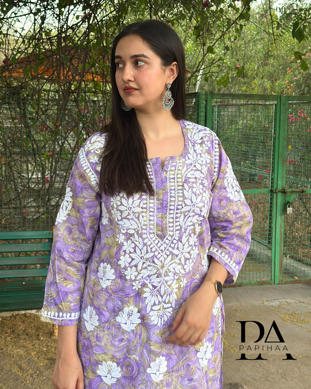 Neeraja Lavender floral carnation printed 3d Chikankari Kurti